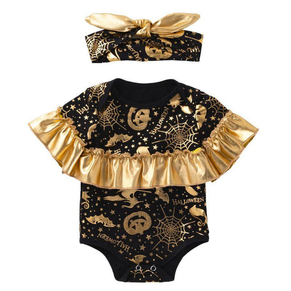 2 Pcs Set Halloween Baby Infant Girl Gold Pumpkin Print Bodysuit And Headband