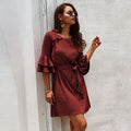 Fashion Women Flare Sleeve Round Collar Ruffled Sash Casual Dress