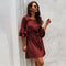 Fashion Women Flare Sleeve Round Collar Ruffled Sash Casual Dress