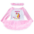 2 Pcs Set Lovely Baby Girl Unicorn Long Sleeves Patchwork Bodysuit And Headband