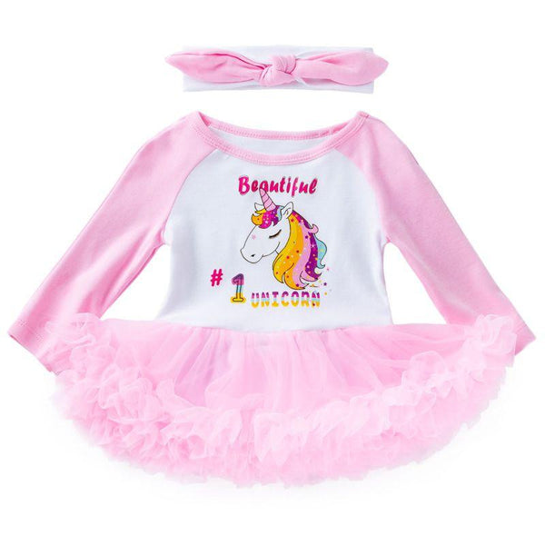 2 Pcs Set Lovely Baby Girl Unicorn Long Sleeves Patchwork Bodysuit And Headband