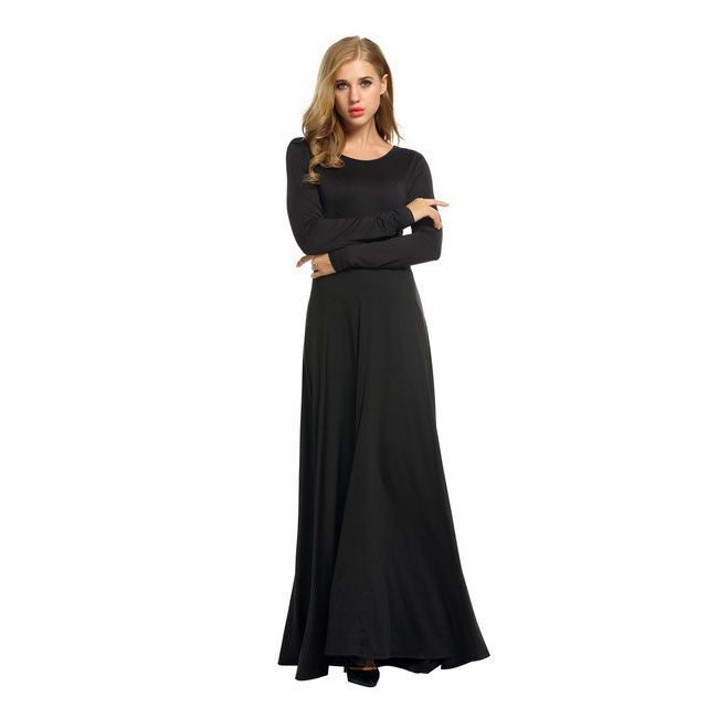 New Arrival Women Simple Long-sleeve Figure Flattering Black Maxi Dress