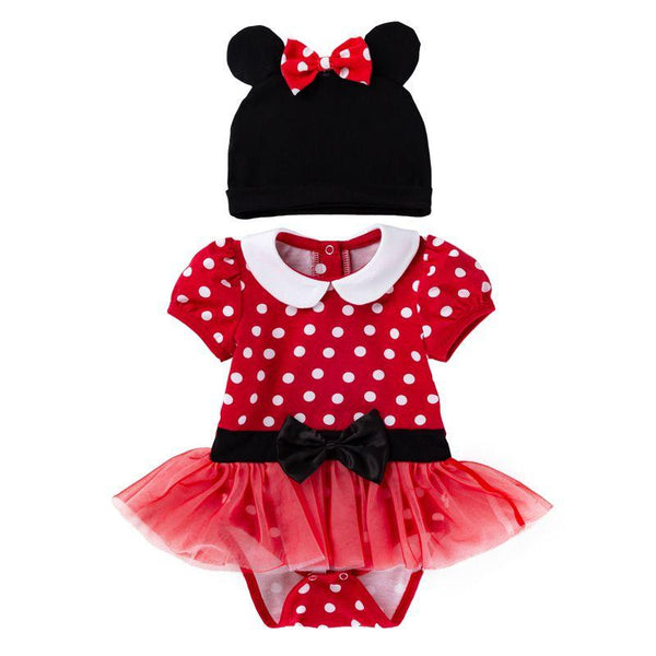 2 Pcs Set Baby Infant Girl Cartoon Pattern Dots Print Patchwork Bodysuit With Hat