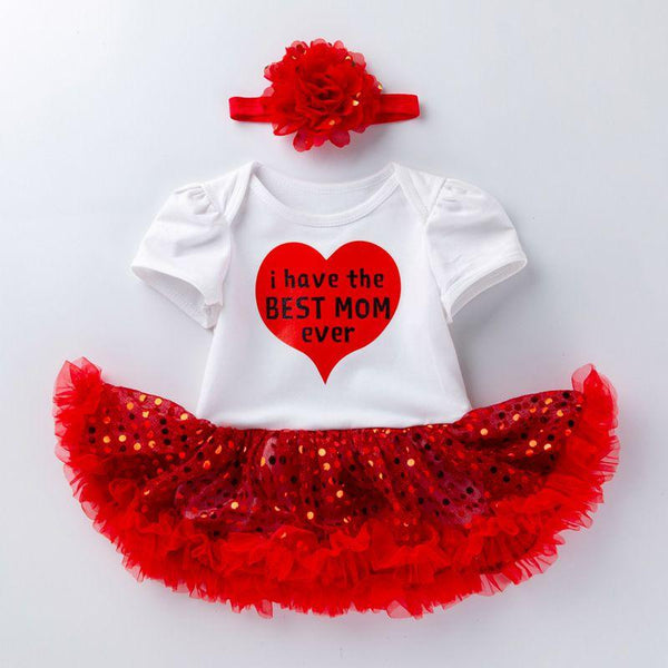 2 Pcs Set Baby Girl Cotton Love Mom Print Patchwork Bodysuit And Headband