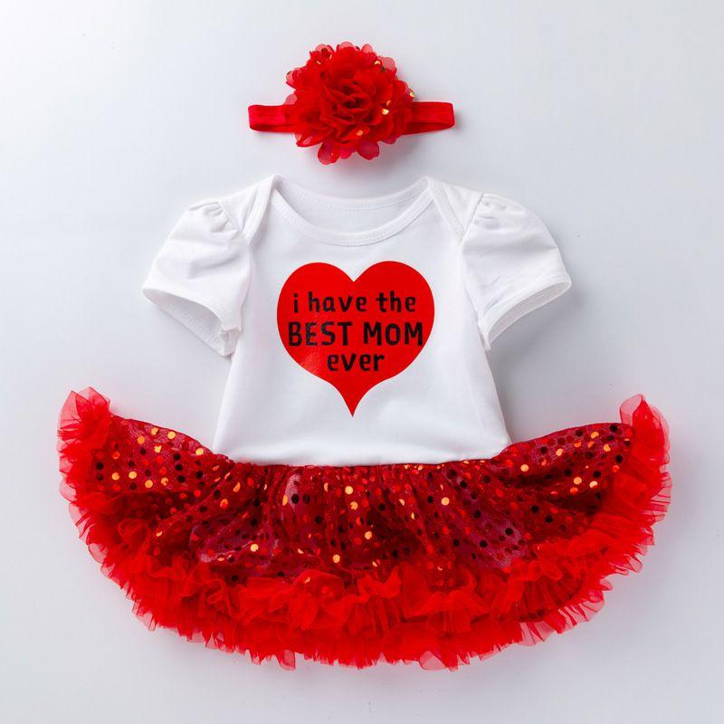 2 Pcs Set Baby Girl Cotton Love Mom Print Patchwork Bodysuit And Headband