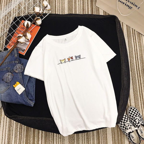 Cute Three Cat Print Women Casual Tee