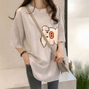 Creative Cartoon Pig Pattern Women Round Collar Loose Tee