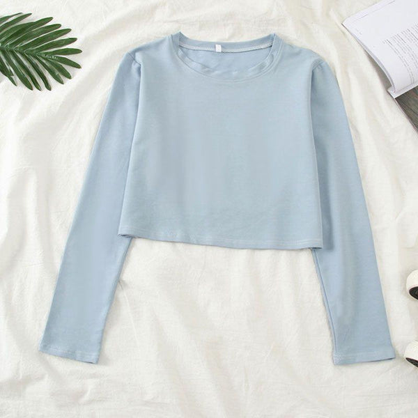 Women High Waist Short Type Solid Color Long Sleeve Tee