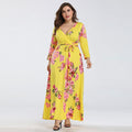 Women Plus Size V Neck Flower Print Lace-up Defined Waist Maxi Dress