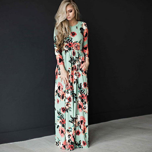 Hot Sale Floral Print Long Sleeve Floor-Length Dress