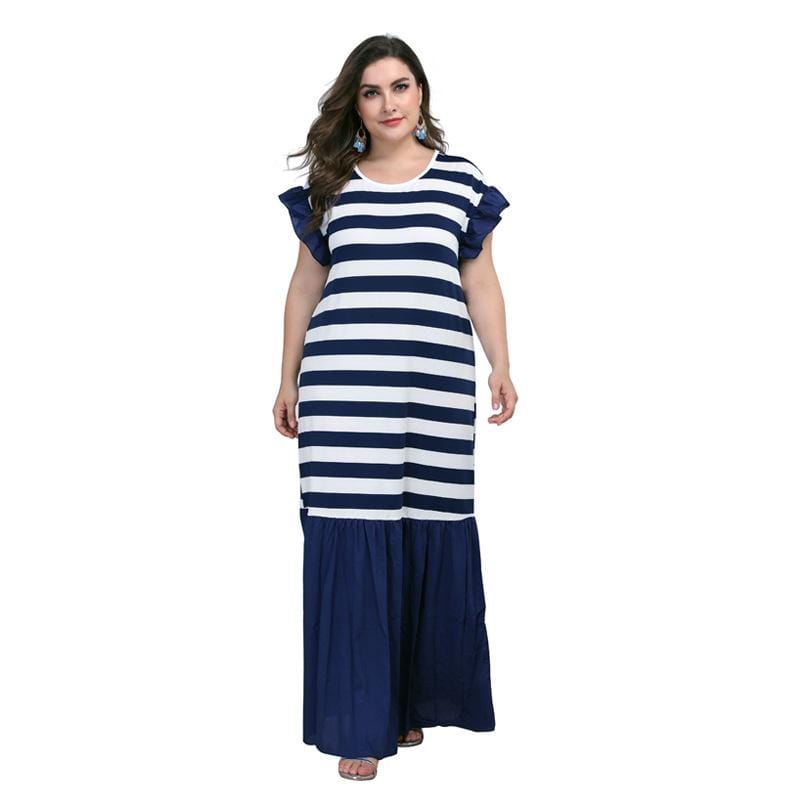 Plus Size Women Stripe Print Ruffled Sleeve Patchwork Maxi Dress