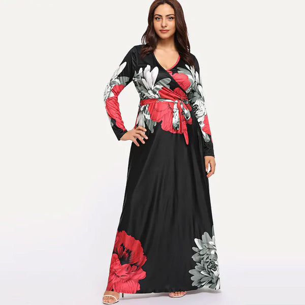 New Flower Print V Neck Lace-up Long Sleeve Vacation Maxi Dress