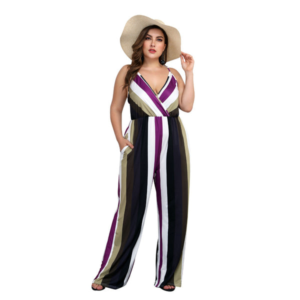 Hot Sale Deep V Neck Strap Stripe Print Rompers