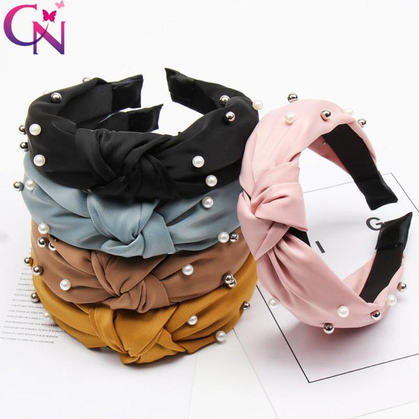 2020 Knot Pearls Headbands For Women Girls Handmade Wide Solid Silk Fabric Twist Hairband Bezel Hair Hoop Hair Accessories AExp