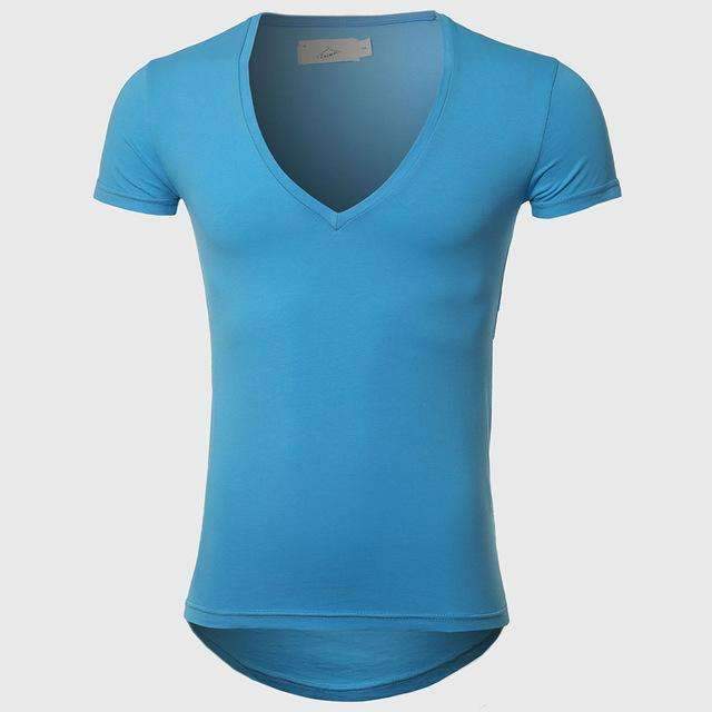 21 Colors Deep V Neck T-Shirt Men Fashion Compression Short Sleeve T Shirt Male Muscle Fitness Tight Summer Top Tees-Sky Blue-XS-JadeMoghul Inc.
