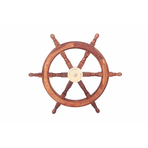 24" Teak Wood Ship Wheel with Brass Inset and Six Spokes, Brown and Gold-Decorative Objects and Figurines-Brown and Gold-Teak Wood and Brass-JadeMoghul Inc.