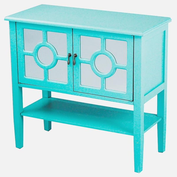 Glass Door Cabinet - 32" X 14" X 30" Turquoise MDF, Wood, Mirrored Glass Console Cabinet with  Doors and a Shelf