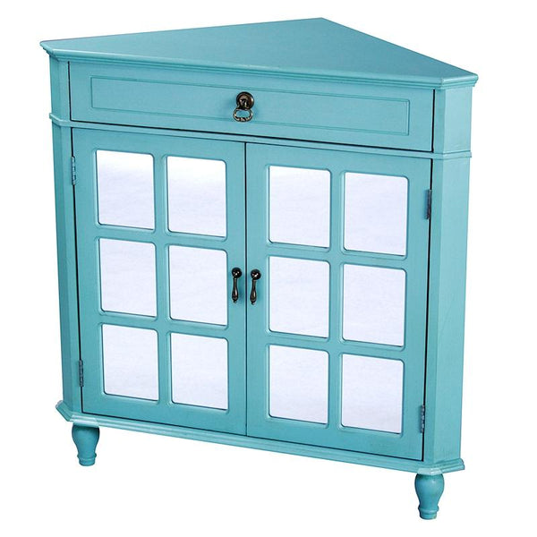 Display Cabinet - 31" X 17" X 32" Turquoise MDF, Wood, Mirrored Glass Corner Cabinet with a Drawer and  Doors
