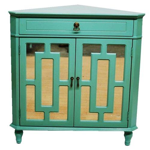 Cabinets Display Cabinet - 31" X 17" X 32" Turquoise MDF, Wood, Mirrored Glass Corner Cabinet with a Drawer and Doors HomeRoots