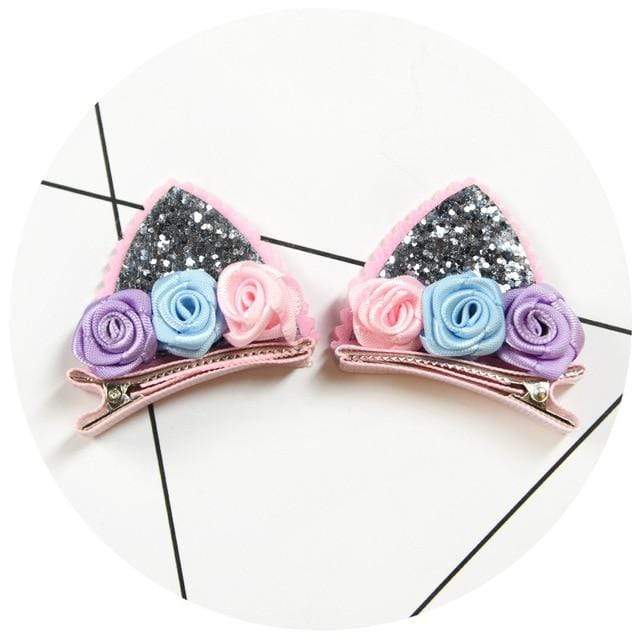 2pcs/Set Cute Hair Clips For Girls Glitter Rainbow Felt Fabric Flowers Hairpins Cat Ears Bunny Barrettes Kids Hair Accessories AExp