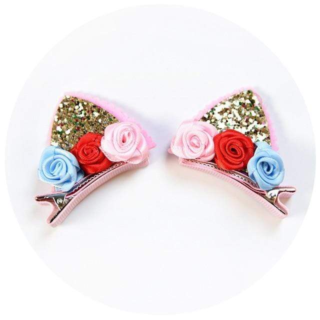 2pcs/Set Cute Hair Clips For Girls Glitter Rainbow Felt Fabric Flowers Hairpins Cat Ears Bunny Barrettes Kids Hair Accessories AExp