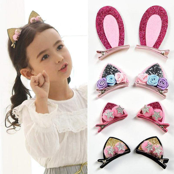 2pcs/Set Cute Hair Clips For Girls Glitter Rainbow Felt Fabric Flowers Hairpins Cat Ears Bunny Barrettes Kids Hair Accessories AExp