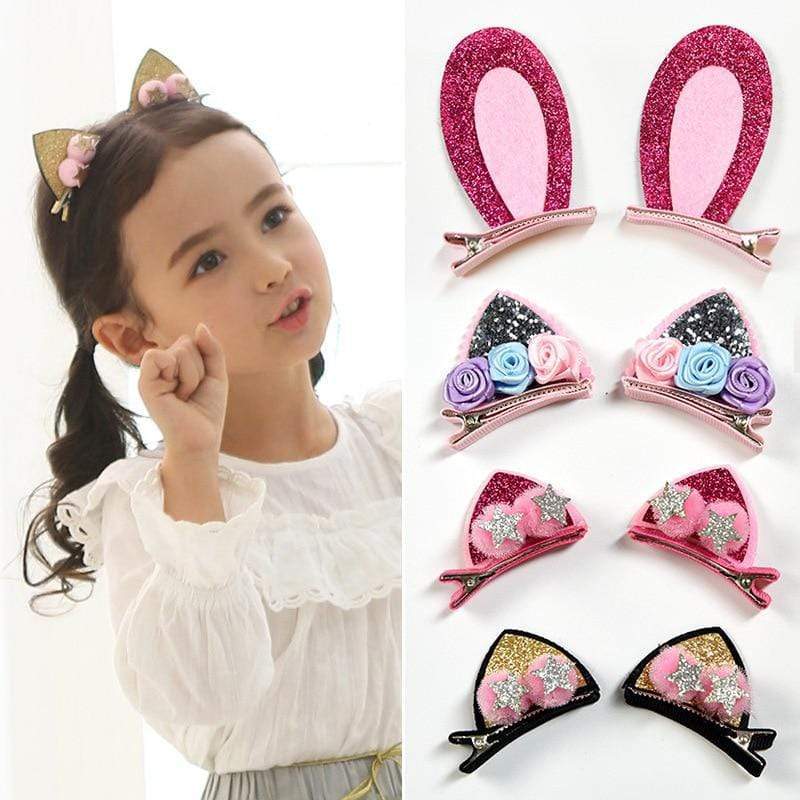 2pcs/Set Cute Hair Clips For Girls Glitter Rainbow Felt Fabric Flowers Hairpins Cat Ears Bunny Barrettes Kids Hair Accessories AExp