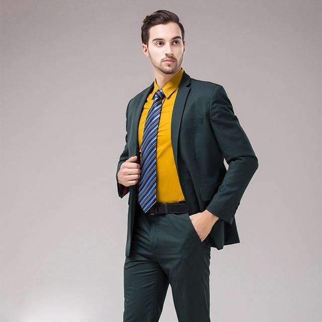 2pcs Slim Fit Men Business Suit-Dark Green-S-JadeMoghul Inc.