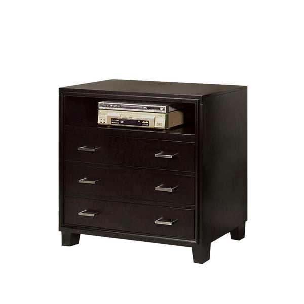 3 Drawer And 1 Open shelved Contemporary Media Chest, Espresso Brown-Accent Chests and Cabinets-Brown-Wood-JadeMoghul Inc.