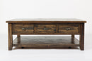 3 Drawer Cocktail Table With Open Shelf Beneath, Dakota Oak-Tables-Brown-Wood Metal Fittings-JadeMoghul Inc.