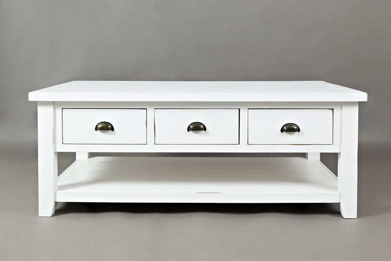 3 Drawer Cocktail Table With Open Shelf Beneath, Weathered White-Tables-White-Wood-JadeMoghul Inc.