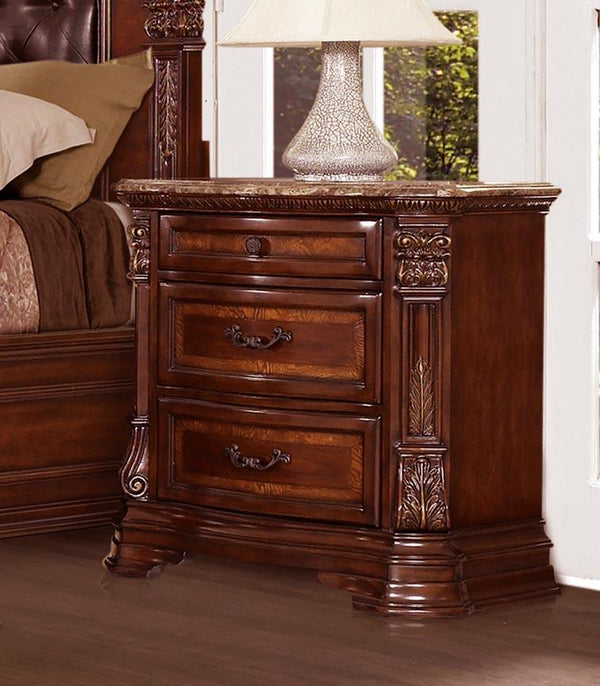 3 Drawer Wooden Night Stand With Marble Top, Cherry Brown-Nightstand-Brown-Wood and Marble-JadeMoghul Inc.