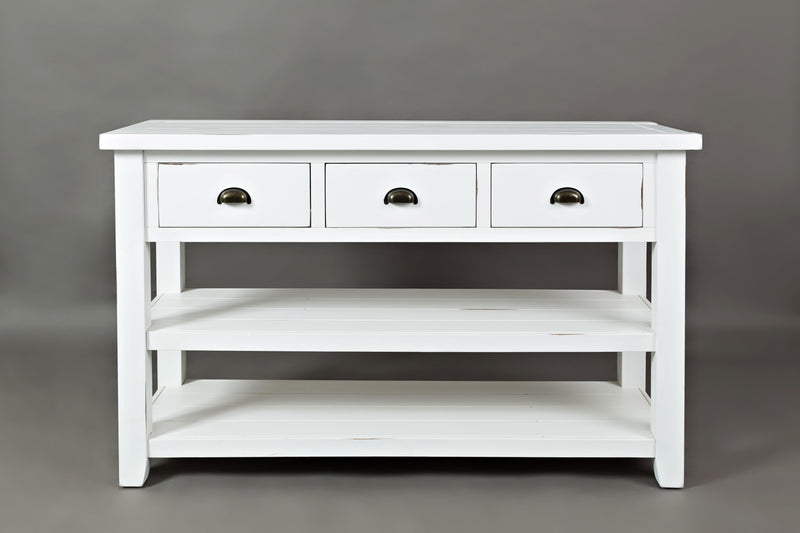 3 Drawers And 2 Open Shelf Sofa Table, Weathered White-Tables-White-Wood Metal Fittings-JadeMoghul Inc.