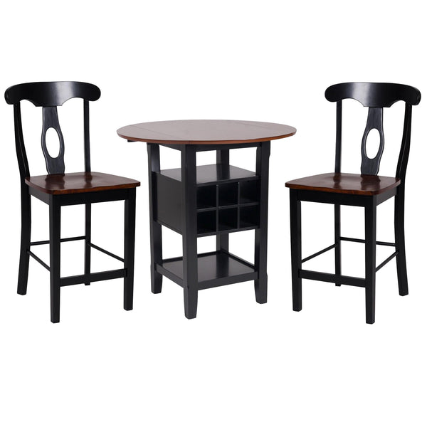 3 Piece CoUnter Height Dining Room Set, Black & Oak Brown-Bar Tables-Black & Brown-Wood & Leatherette-JadeMoghul Inc.