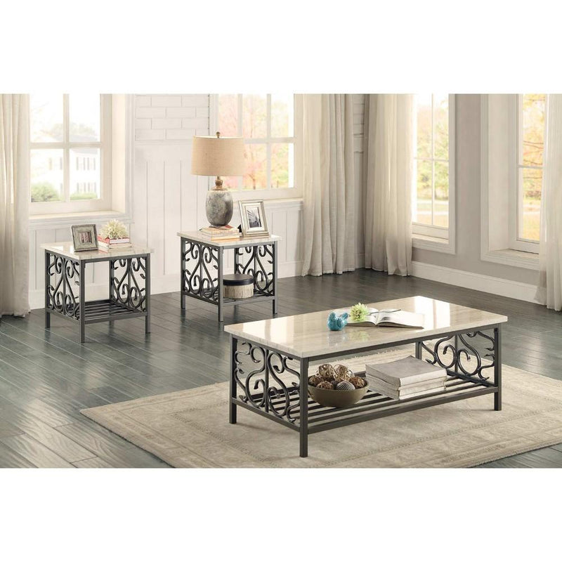 3 Piece Faux Marble Top Table Set With Decorative Metal Frame, Cream & Gray-Tables-Cream & Gray-Wood-JadeMoghul Inc.