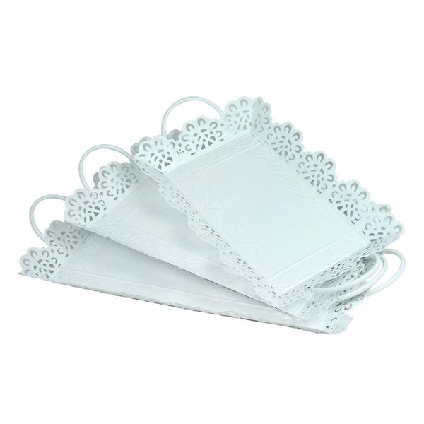 3 Piece Metal Tray With Cutout Design, White-Serving Trays-White-Metal-JadeMoghul Inc.