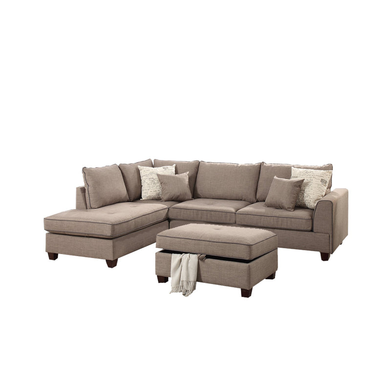 3 Piece Sectional With Storage Ottoman, Light Brown