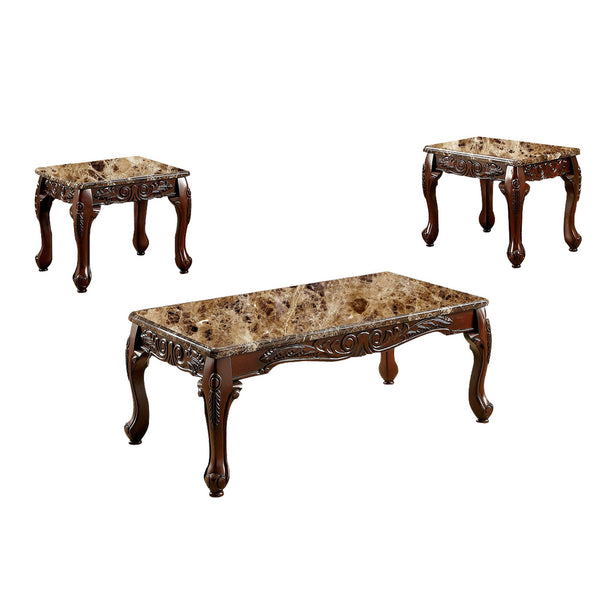 3 PIECE TABLE SET With Marble Table Top, Dark Oak Brown-Dining Tables-Dark Oak-Wood-JadeMoghul Inc.