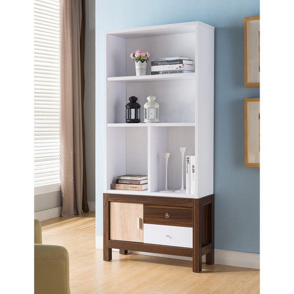 3 Shelves Wooden Display Cabinet With 1 Divider In White And Brown-Cabinets-White And Brown-Wood-JadeMoghul Inc.