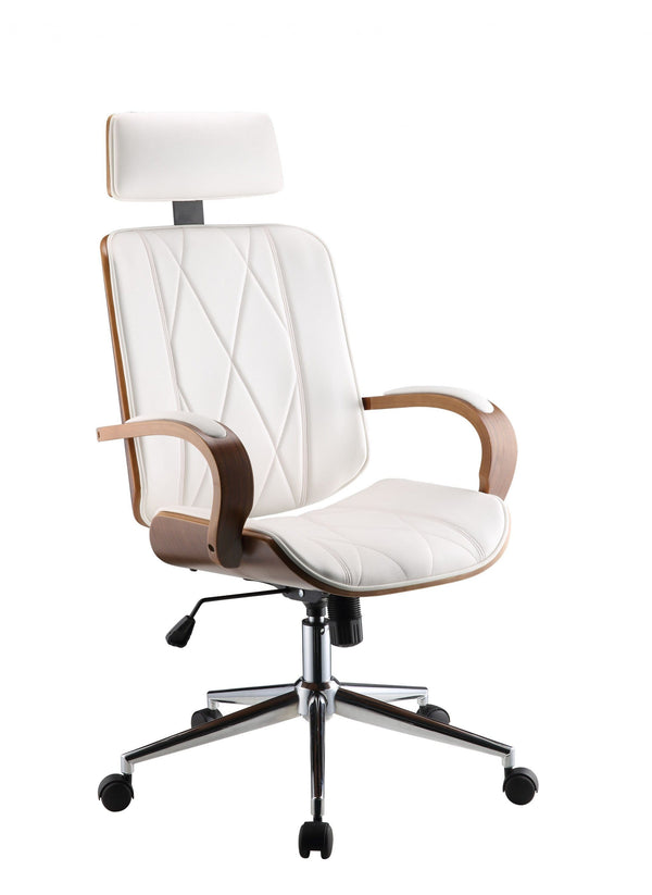 Ergonomic Office Chair - 24" X 26" X 46-49" White Leatherette And Walnut Office Chair