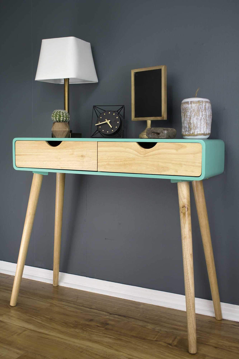 Console Table with Drawers - 38'.5" X 9" X 17" Aqua MDF, Wood Console Table with Drawers