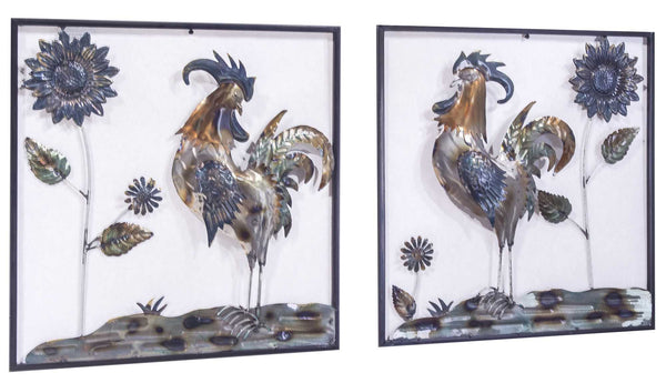 Metal Wall Decor - 22" X 6" X 23" Metallic Multi-Color Metal Garden Roosters And Sunflowers Square Wall Panel Set