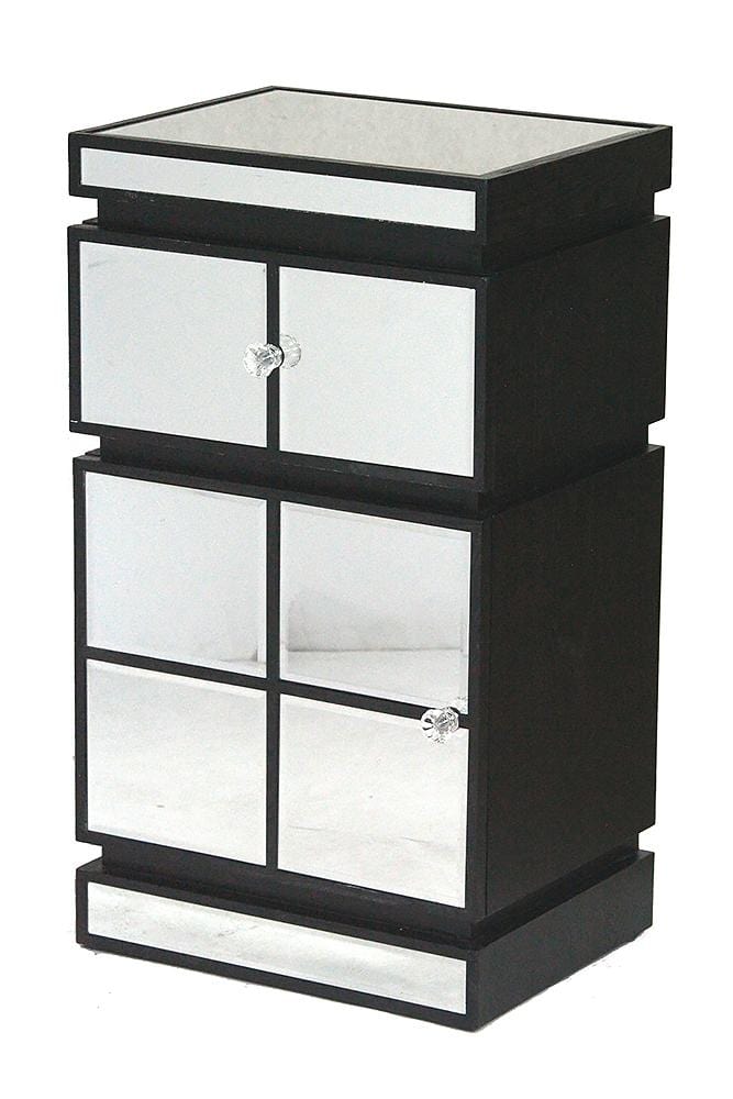 Black Mirror - 16" X 13" X 29" Black MDF, Wood, Mirrored Glass Cabinet with a Drawer and a Door