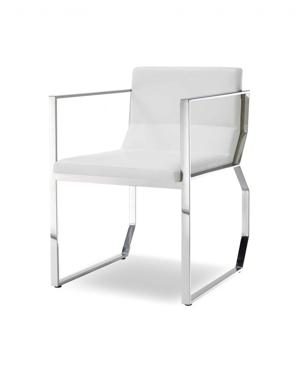 Dining Chairs - Dining Armchair White Faux Leather Polished Stainless Steel Frame