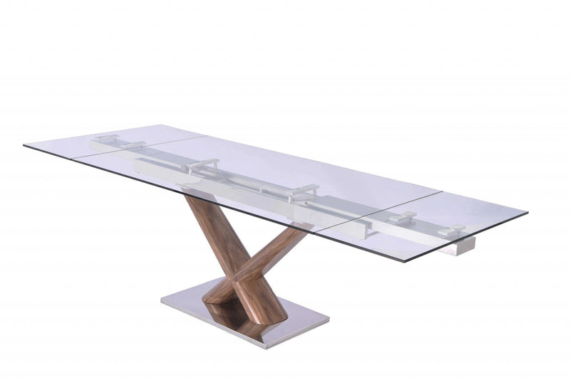 Dining Room Tables - Extendable Dining Table, 1/2" Tempered Clear Glass Top, Birchwood Legs With Walnut Veneer,