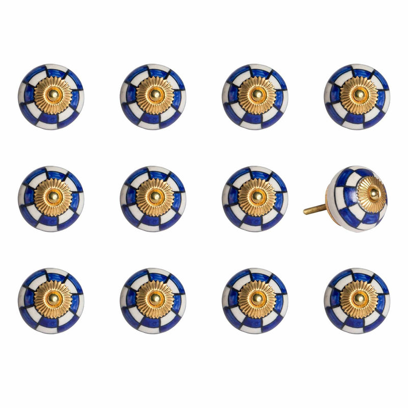 Cabinet Knobs - 1.5" x 1.5" x 1.5" White, Blue and Gold - Knobs 12-Pack
