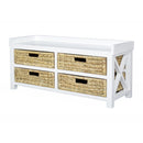 Entryway Bench - 39'.75" X 14" X 18" White MDF, Water Hyacinth Water Hyacinth Storage Bench with Baskets