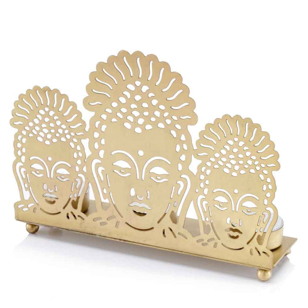 Gold Candle Holders - 2.5" x 8.7" x 6.5" Gold Buddha,  3 Lite - Candle Holder