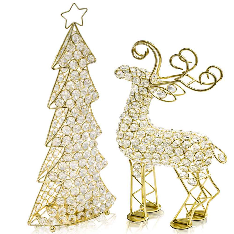 Christmas Decorations - 2.5" x 8" x 14" Gold/Crystal - Reindeer