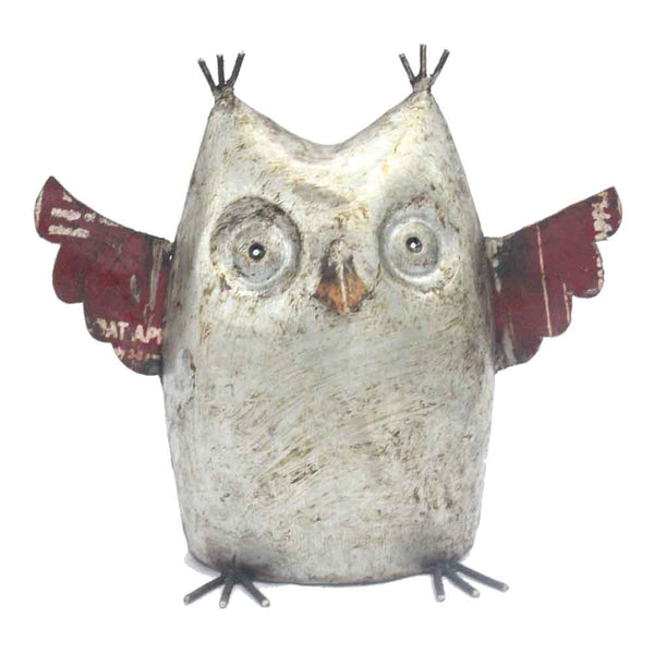 Dining Room Decor - 3.5" x 8" x 6.5" Silver/Red/Yellow, Reclaimed Iron - Owl